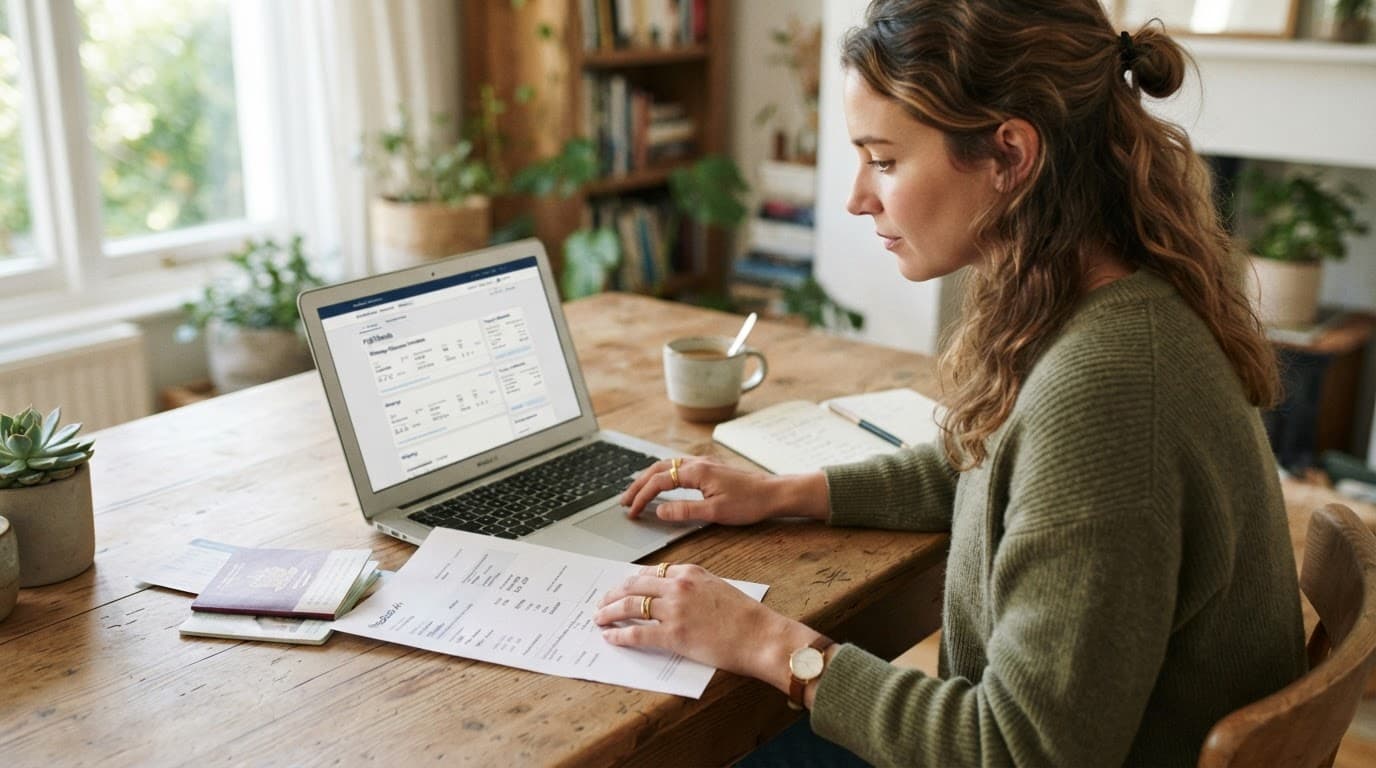 Flights Guide: How to Choose and Book the Right Holiday Flight 6 A traveller reviews flight documents beside an itinerary on a laptop.