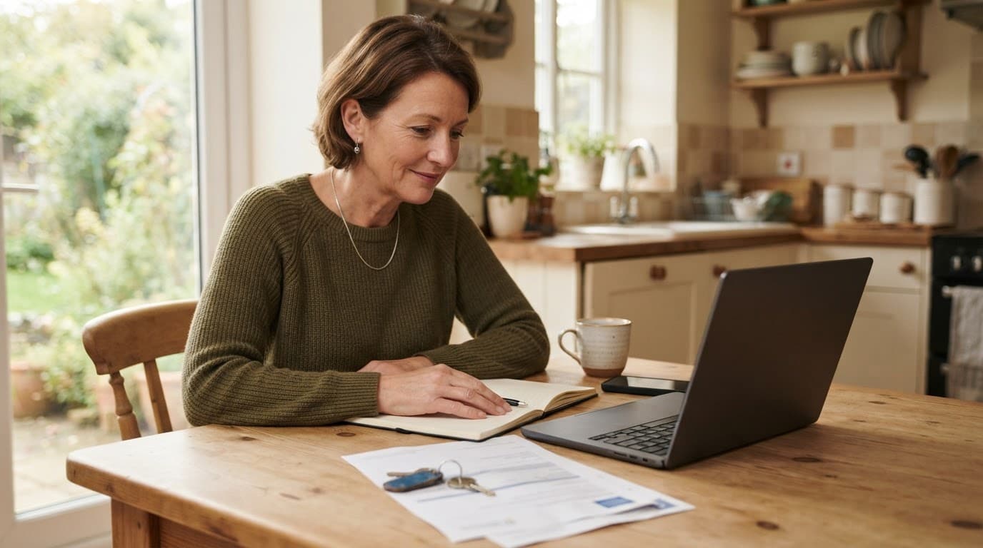 Traveller checking a laptop beside travel documents, a phone, and house keys at a kitchen table.