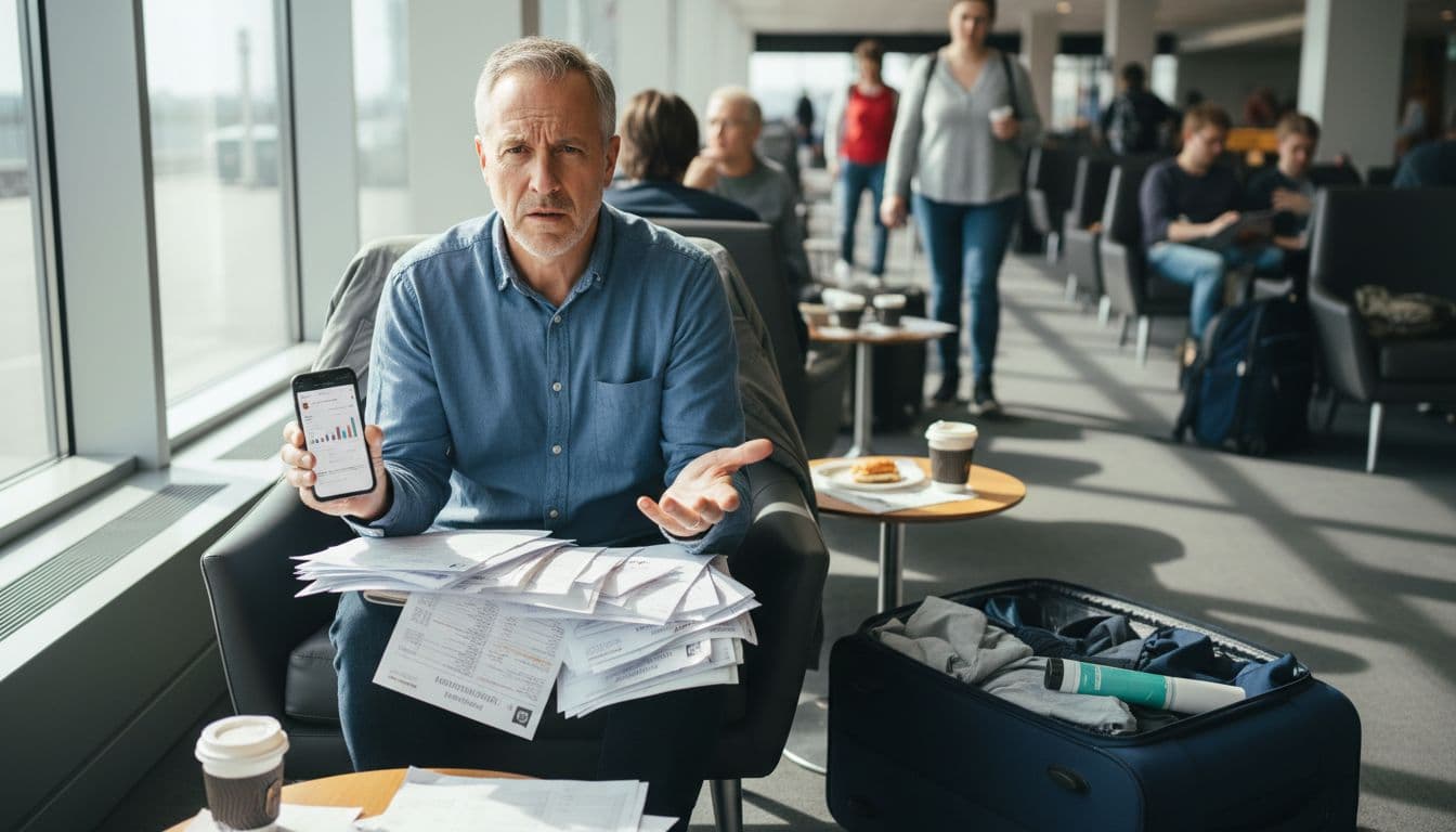 A middle-aged UK traveller sits alone in a busy airport lounge, frowning at a stack of insurance papers and smartphone, with an open suitcase nearby.