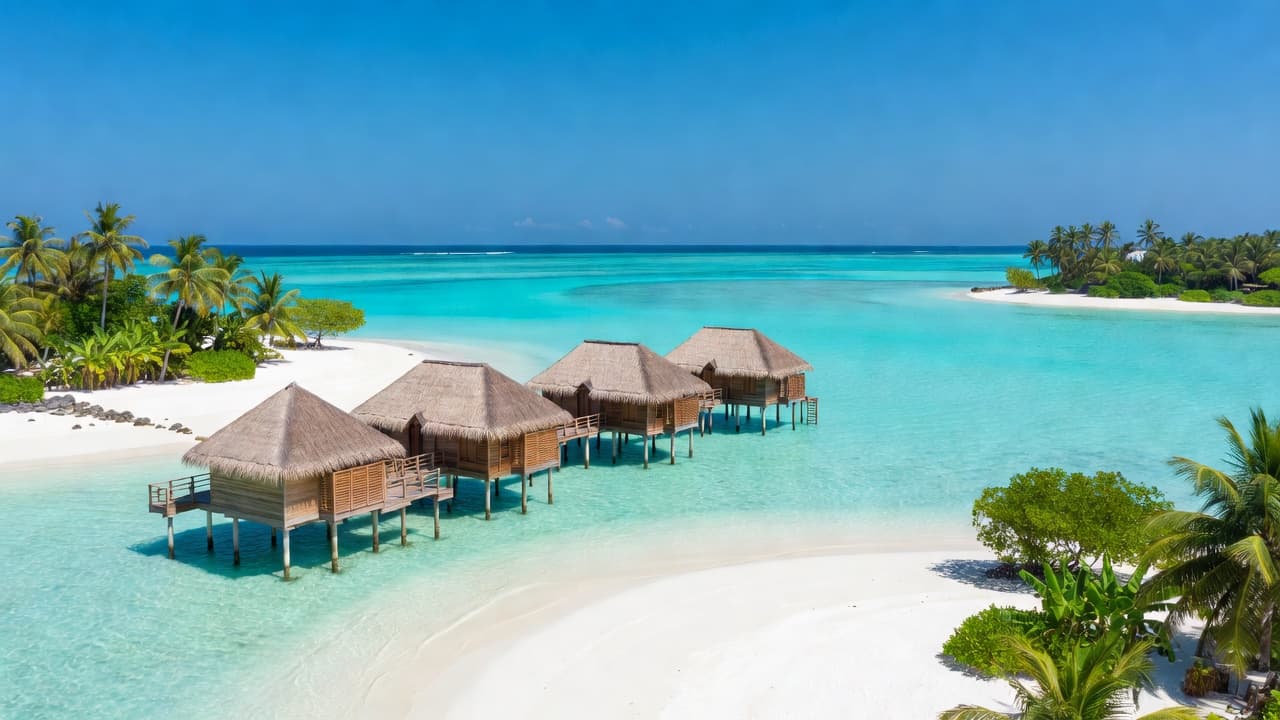 Rows of wooden overwater bungalows extend across a vibrant turquoise lagoon under a vast clear sky. Pristine white sandy beaches stretch along the horizon, showcasing the serene beauty of the islands.