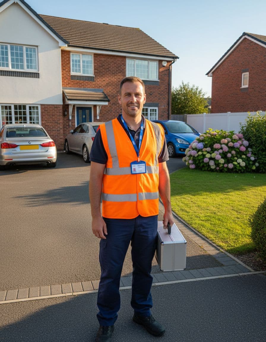 Boiler engineer standing outside a UK home with toolkit