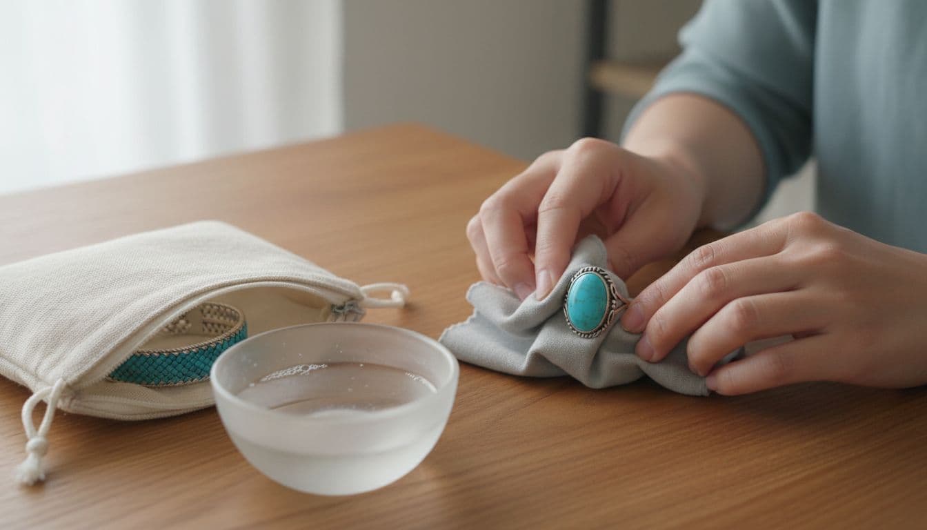 Cleaning turquoise jewellery with a soft cloth