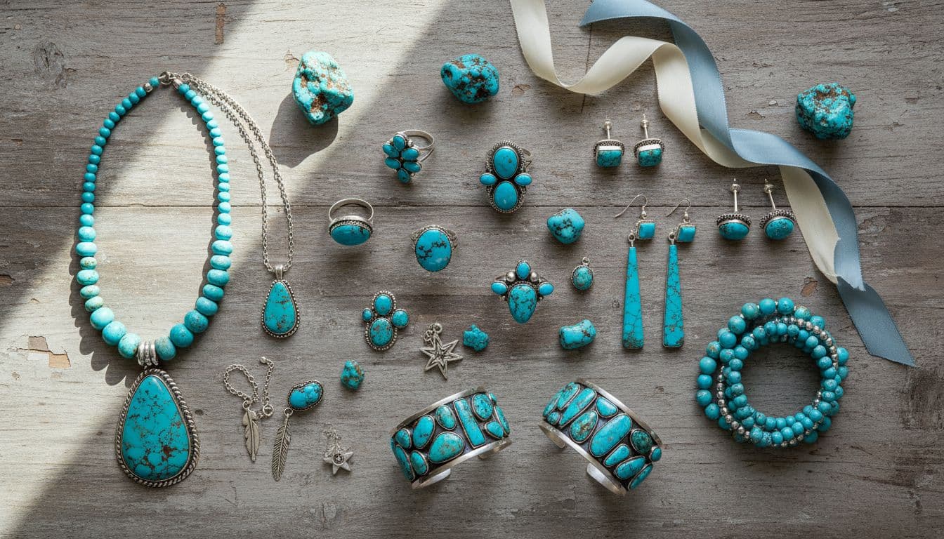 Flat lay of different styles of turquoise jewellery