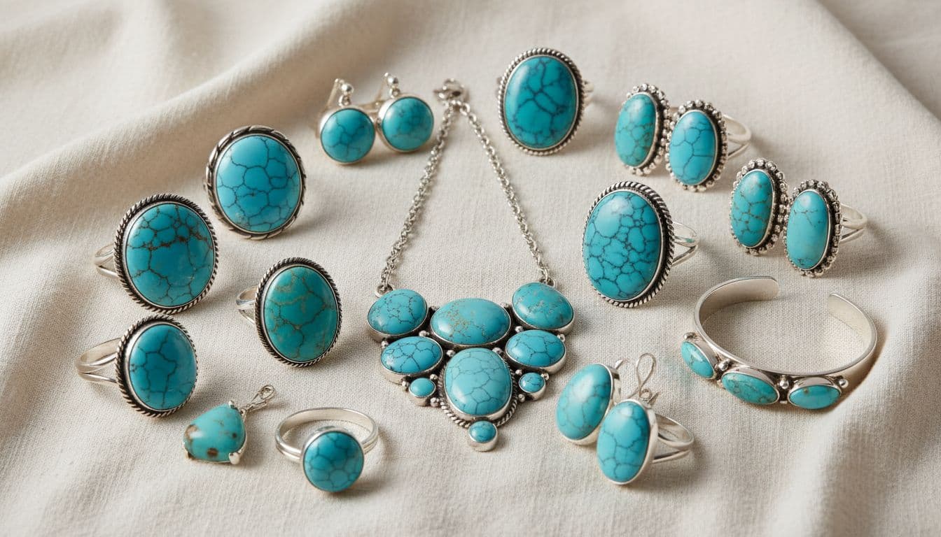 Collection of turquoise jewellery on soft fabric