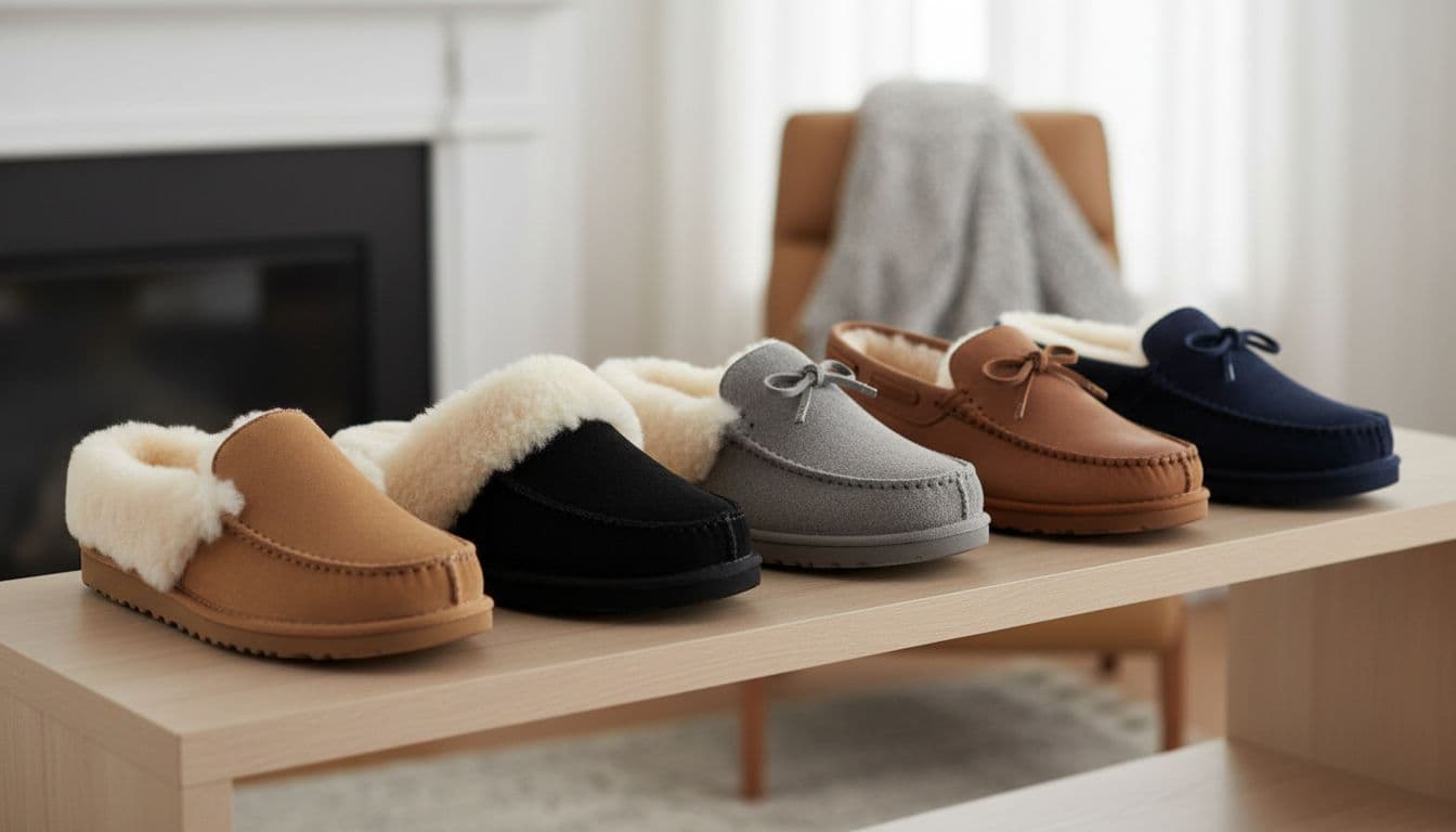 Neat arrangement of five different UGG slipper styles on a clean wooden shelf: classic tan slip-on, black mule, grey scuff, brown moccasin-inspired for men, and navy closed-back for women, in a photorealistic product display with cozy home background.
