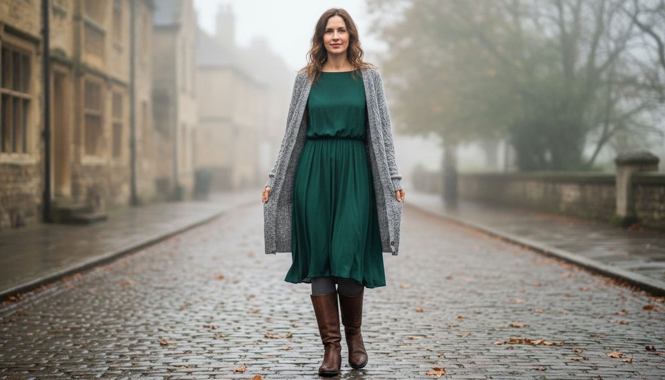 Woman layering a modest tea dress with cardigan and boots on a UK autumn street