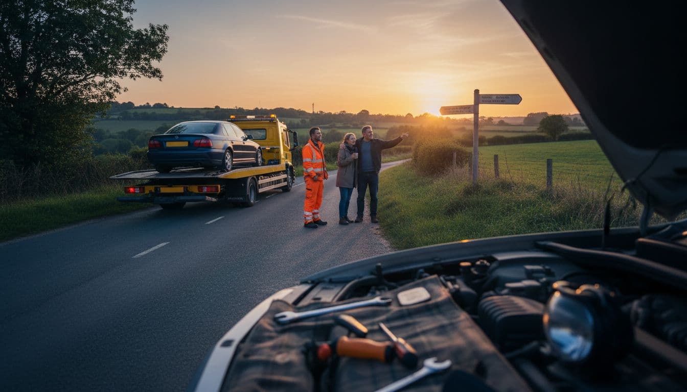 A flatbed truck tows a stranded saloon car along a rural UK B-road at dusk, with a high-vis technician assisting a relieved couple beside the open bonnet filled with tools. Rolling green hills, wooden signposts, and a setting sun cast a warm orange glow contrasting cool shadows.