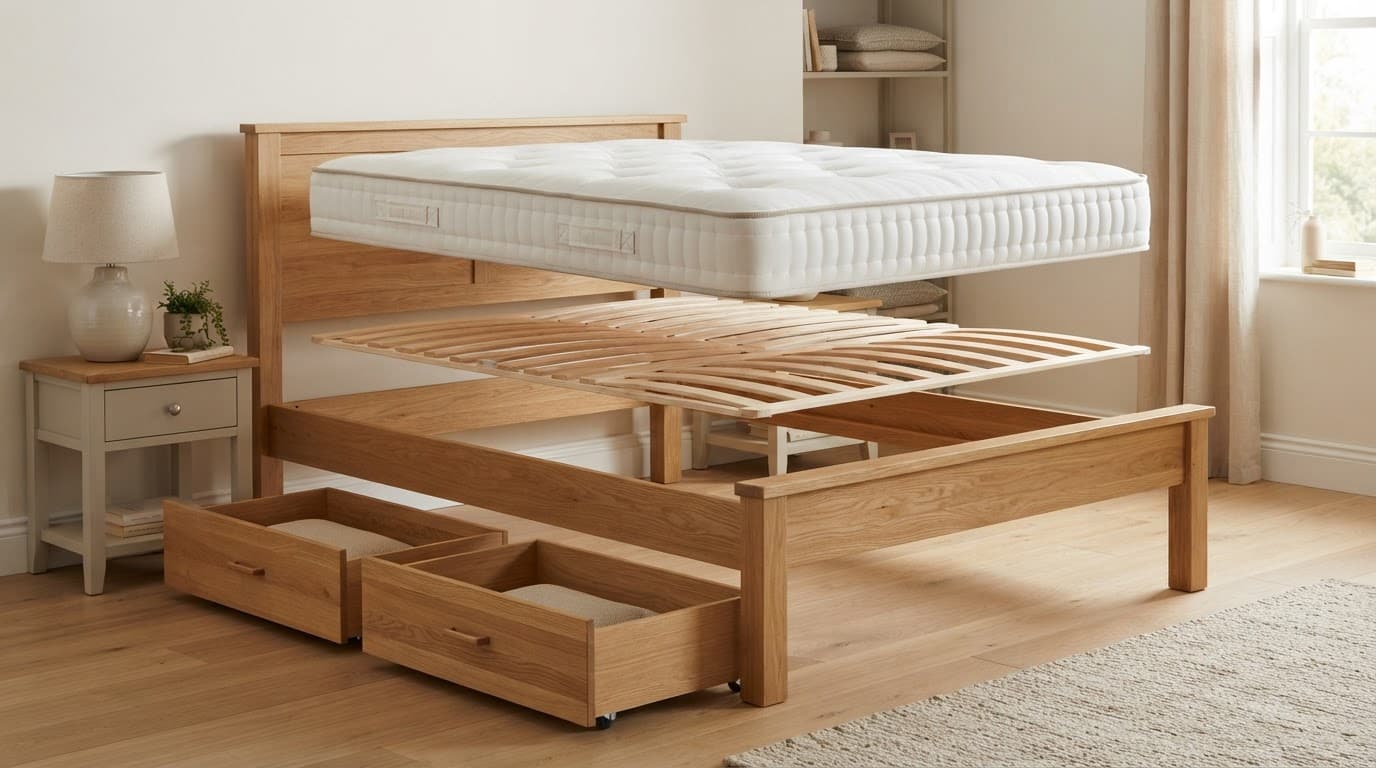 Exploded view of a double bed, mattress, frame, slats, and storage parts.