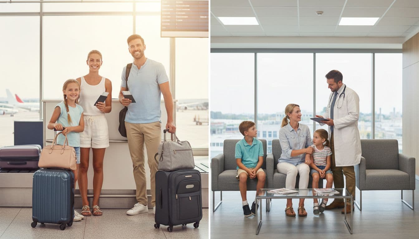 Split composition showing a joyful UK family of four at airport check-in on the left, and the same family in a hospital waiting room consulting a doctor on the right; realistic photo style with natural daylight.