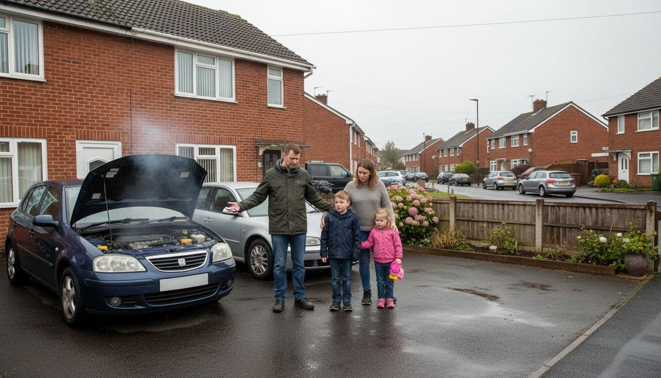 Landscape of a typical UK family standing supportively next to a broken-down car with open bonnet and smoke on a wet suburban driveway outside a semi-detached house under overcast skies.