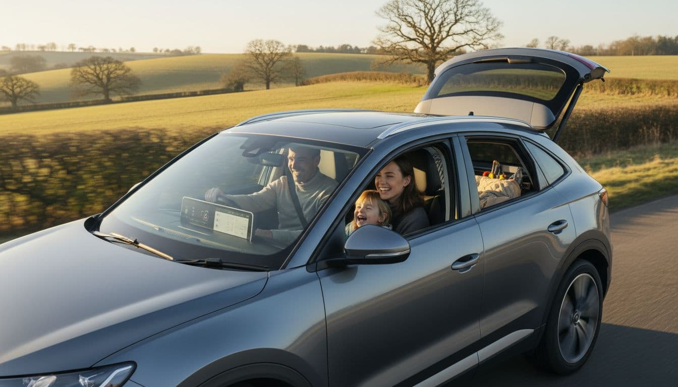 Young UK family test driving a recommended used hybrid SUV on a country road