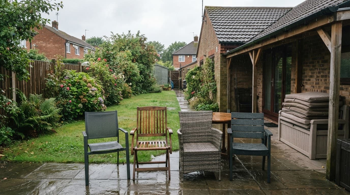 Four outdoor chair materials sit on a wet patio beside a lawn, with cushions stored under cover.