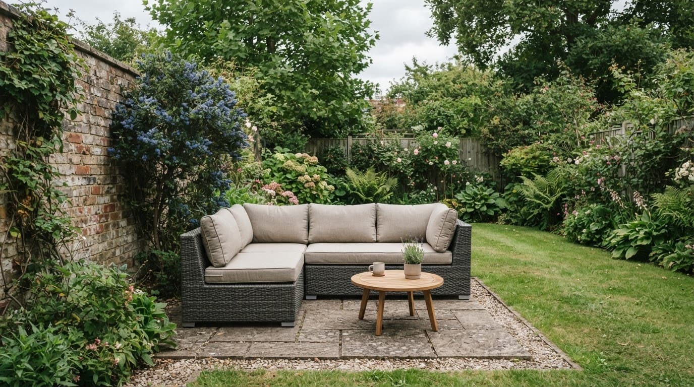 A neutral-cushion sofa sits on a patio beside a lawn and mature plants.