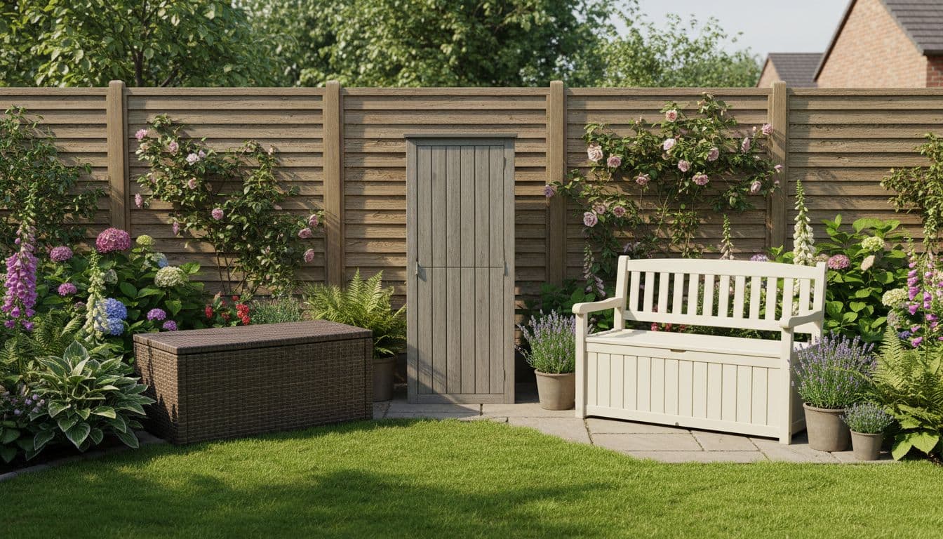 Three distinct garden storage boxes side by side in a lush UK backyard: low deck box on grass, tall slim box by fence, storage bench on patio, under sunny afternoon light.