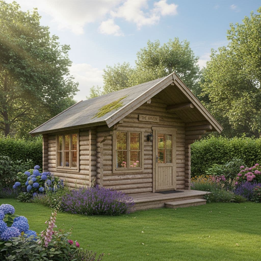 Wooden log cabin in a UK garden