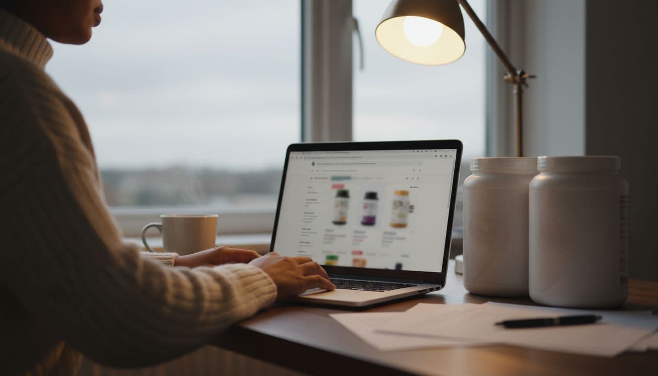 Photorealistic UK home office desk setup featuring a laptop with blurred online shopping page for protein supplements, two unopened protein powder tubs next to the keyboard, steaming mug of tea, overcast British sky through the window, and one person seated with relaxed hands under warm lamp light.