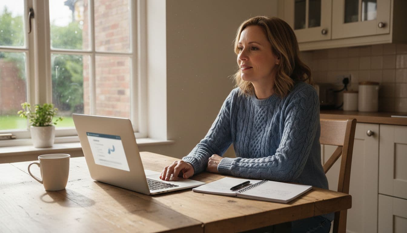 A mid-40s UK homeowner sits relaxed at a wooden kitchen table with an open laptop screen angled away, notepad, pen, and coffee mug nearby, reviewing boiler options in daylight from a window, realistic photo.