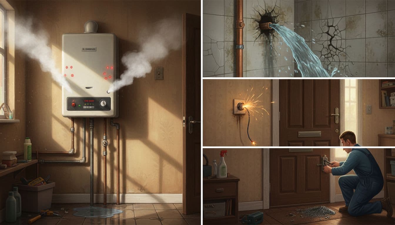 Illustrative split-scene in a classic UK terraced house showing boiler breakdown with steam and flashing lights on the left, and home emergencies like burst pipe, sparking socket, and locksmith fixing a lock on the right.