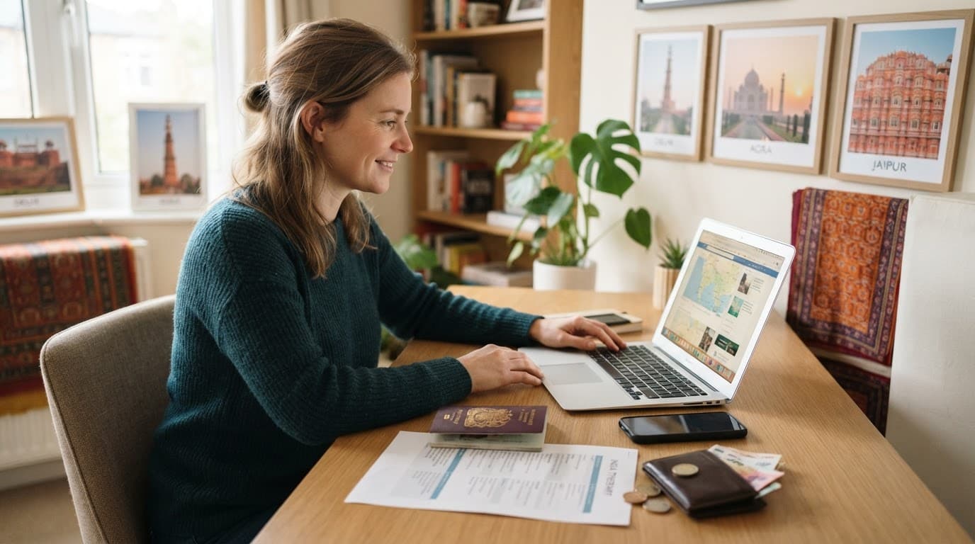 A traveller plans an India holiday with a laptop, passport, itinerary, phone, and currency wallet.