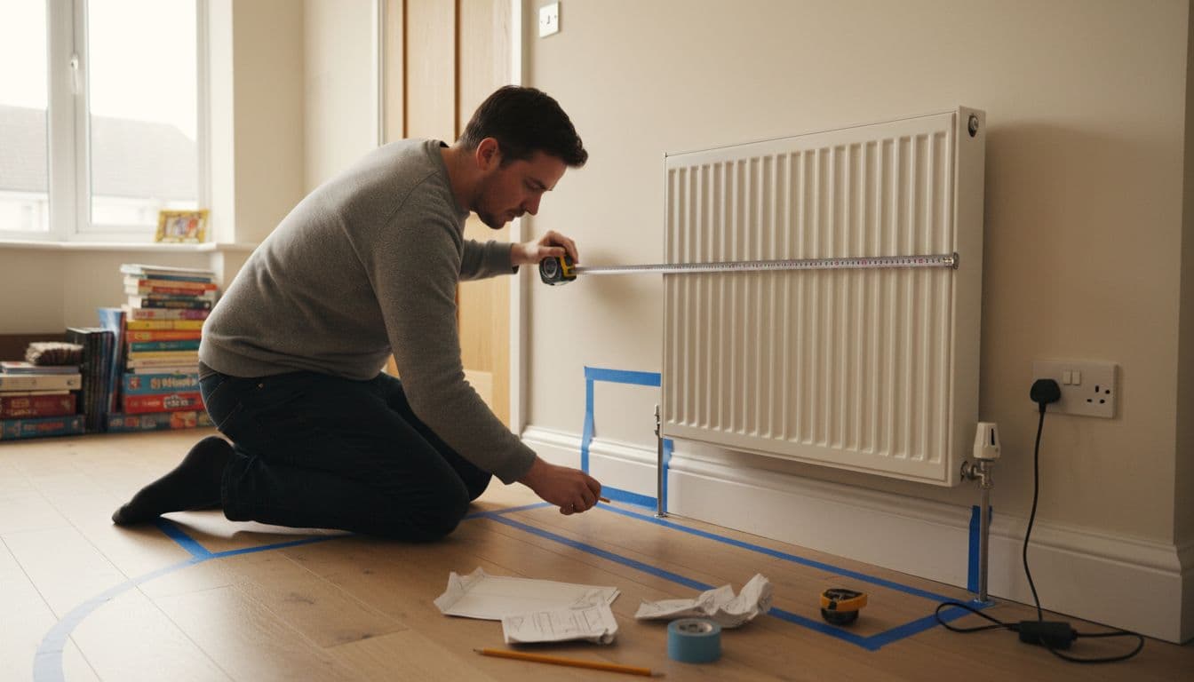 A person kneels in a typical UK home living room, measuring wall height, width, and depth for shelving installation using a tape measure, while noting skirting boards, radiator, plugs, and door swing. Painter's tape and paper templates outline shelf positions on wall and floor amid natural daylight and everyday clutter.