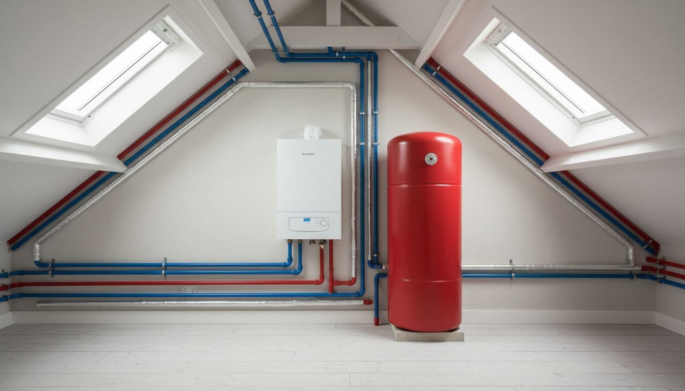 Clean modern system boiler setup with hot water cylinder and insulated pipework in a spacious UK loft, lit by soft skylight, realistic photo.