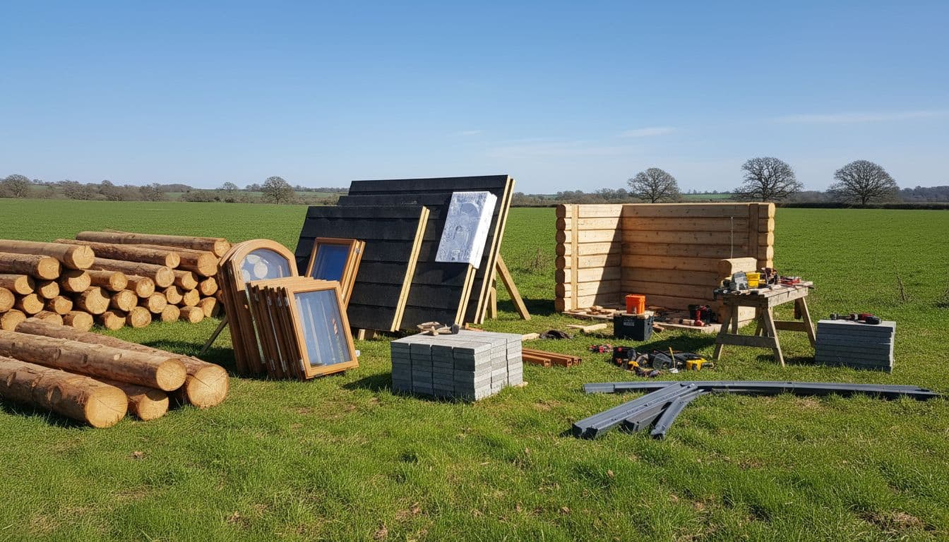Log cabin construction components on a UK site