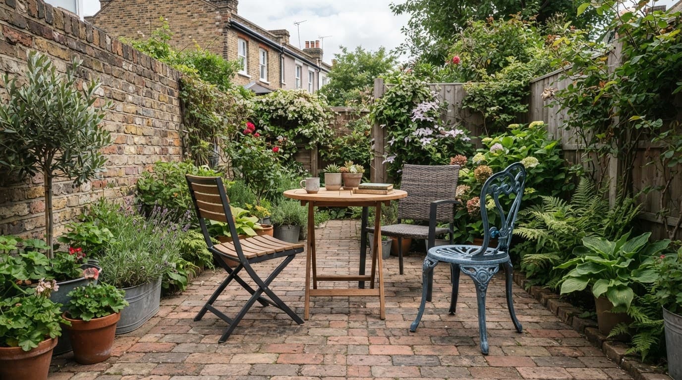 Three different garden chairs surround a small table on a brick patio.