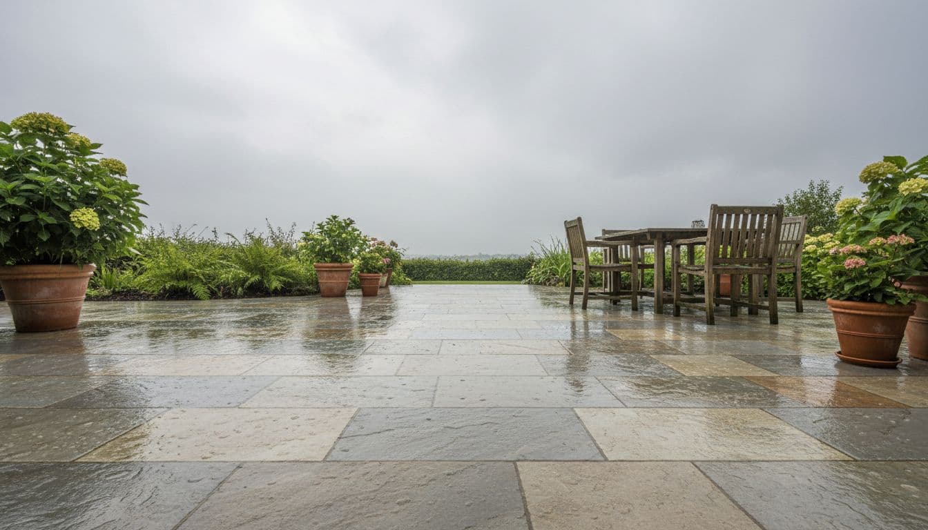 A UK garden patio paved with large frost-resistant porcelain outdoor floor tiles in natural stone effect, surface wet from recent rain to show slip resistance, surrounded by wooden furniture and potted plants under an overcast sky.