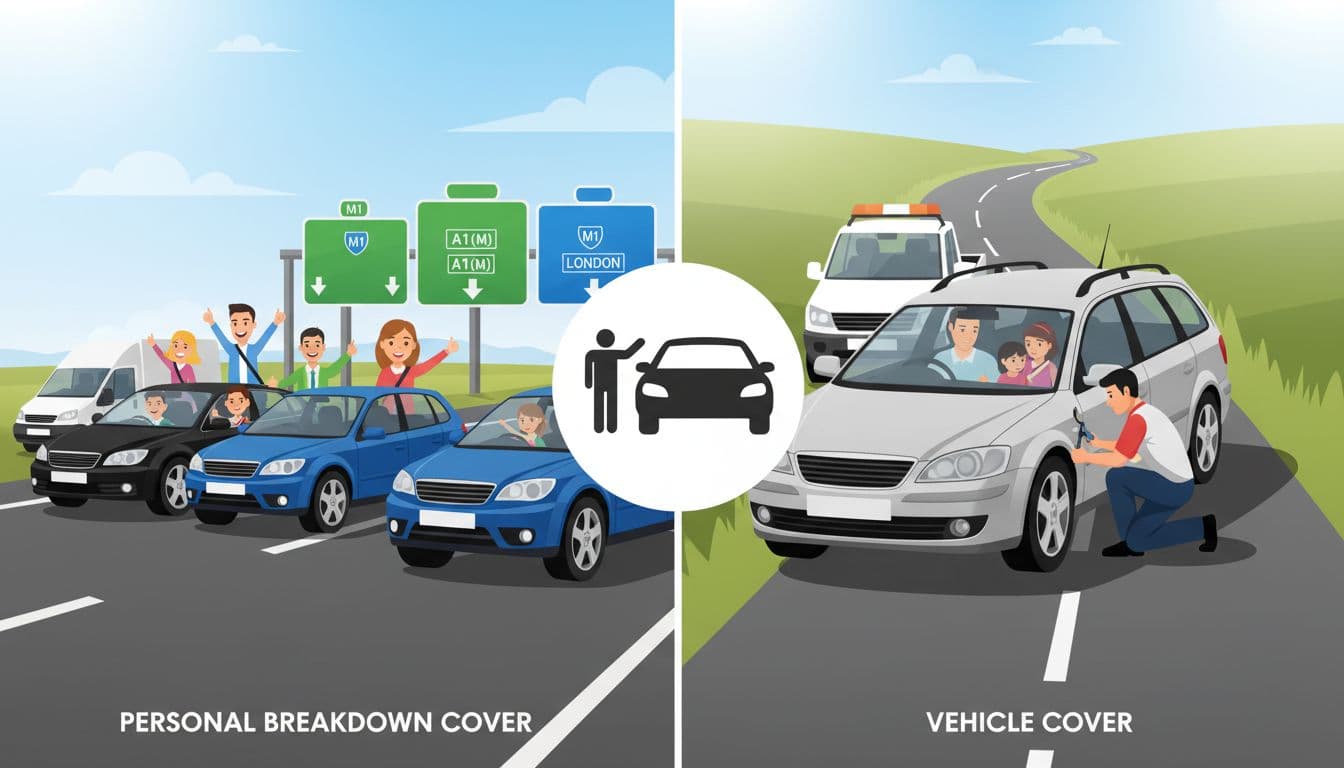 Split composition image showing personal breakdown cover on the left with diverse smiling drivers in UK cars on motorways and vehicle cover on the right with a family car receiving roadside mechanic assistance.