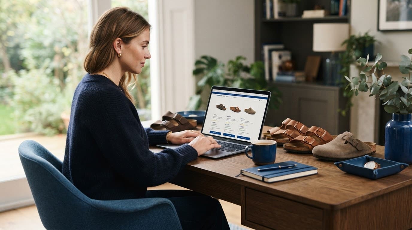 A shopper compares sandals on a laptop beside three pairs at a home desk.