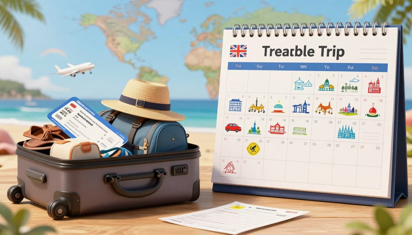 A realistic split-image illustration contrasting single-trip and annual multi-trip travel insurance for UK travellers, with a single suitcase for one holiday on the left and a calendar of multiple trips on the right, including UK elements and travel documents.