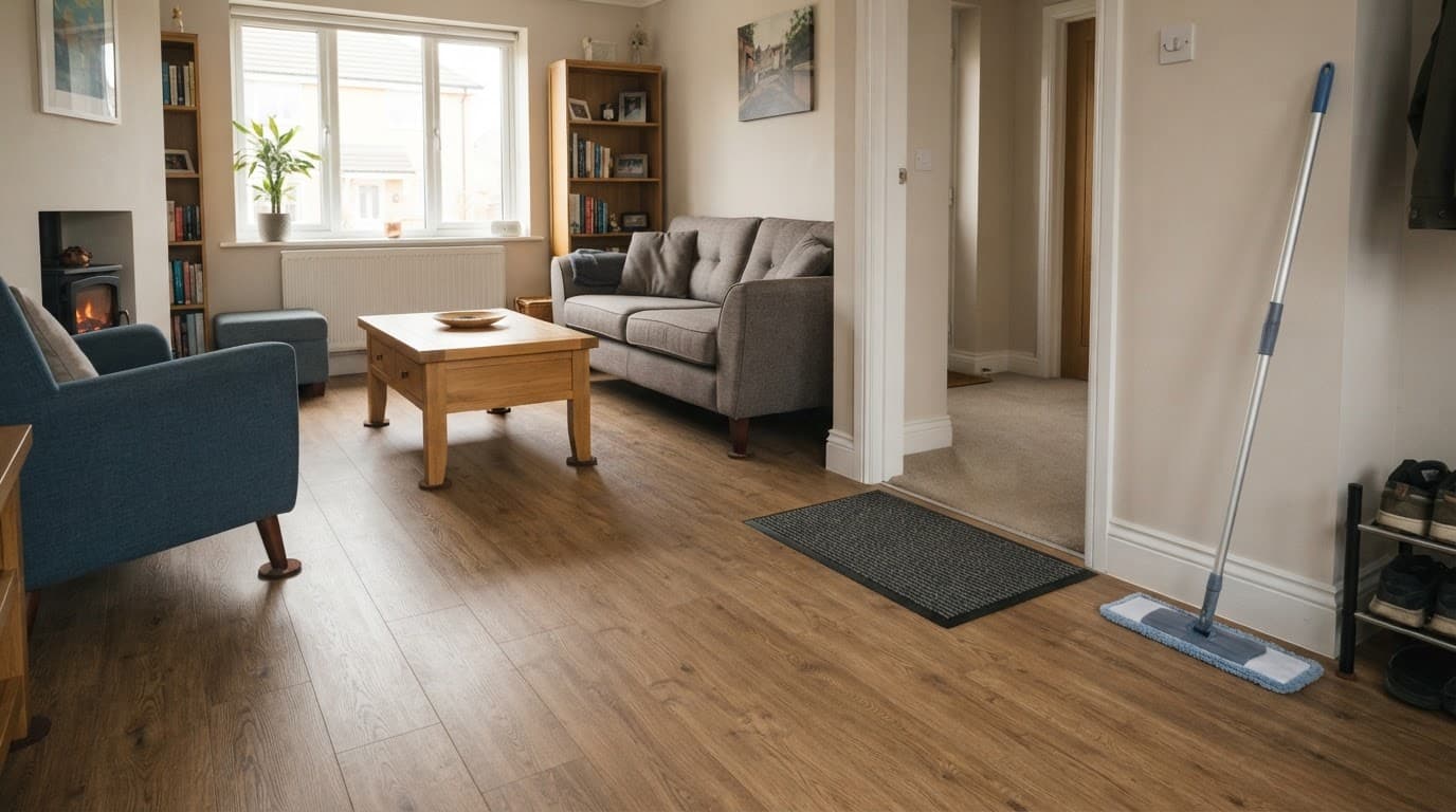 UK sitting room with LVT flooring, an entrance mat, furniture pads, and a wall-leaning mop.