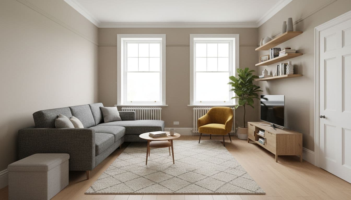 Small square UK living room with corner sofa and TV stand