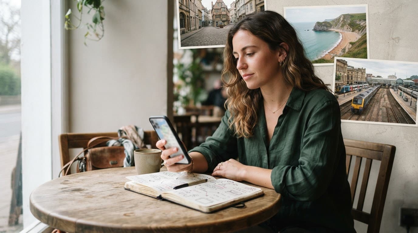 A traveller checks a phone beside an open notebook at a café table.