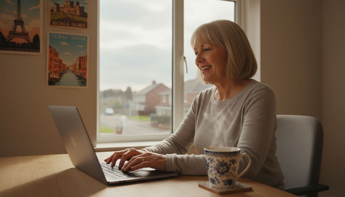 A middle-aged British woman smiles at her home office desk while typing on an open laptop, with a steaming mug of tea beside her and an overcast UK sky visible through the window.