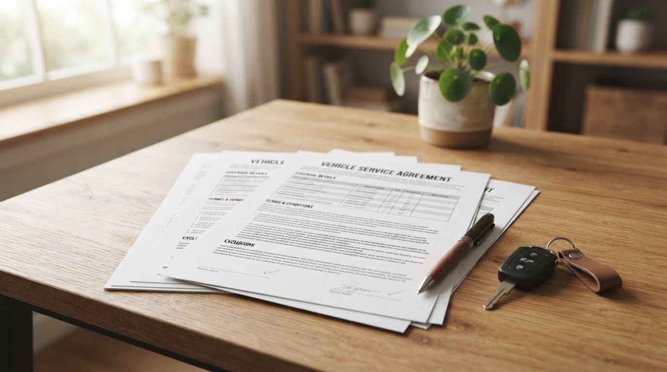 Used Car Warranty Guide: What Cover Really Includes and Costs 3 Car warranty papers with a pen and keys on a wooden desk.