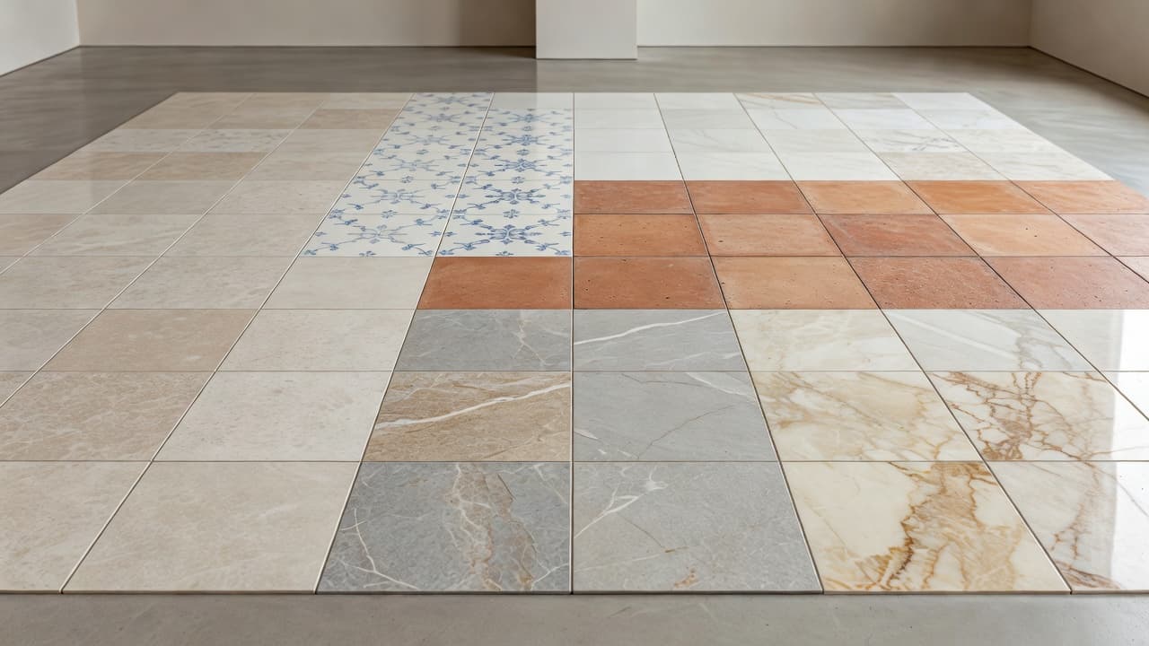 Floor Tiles for UK Homes: A Practical Buying Guide 1 A diverse grid of ceramic, porcelain, and natural stone tiles sits flush on a clean indoor floor. Soft natural light highlights the varying textures, veining patterns, and muted earth-tone colors.