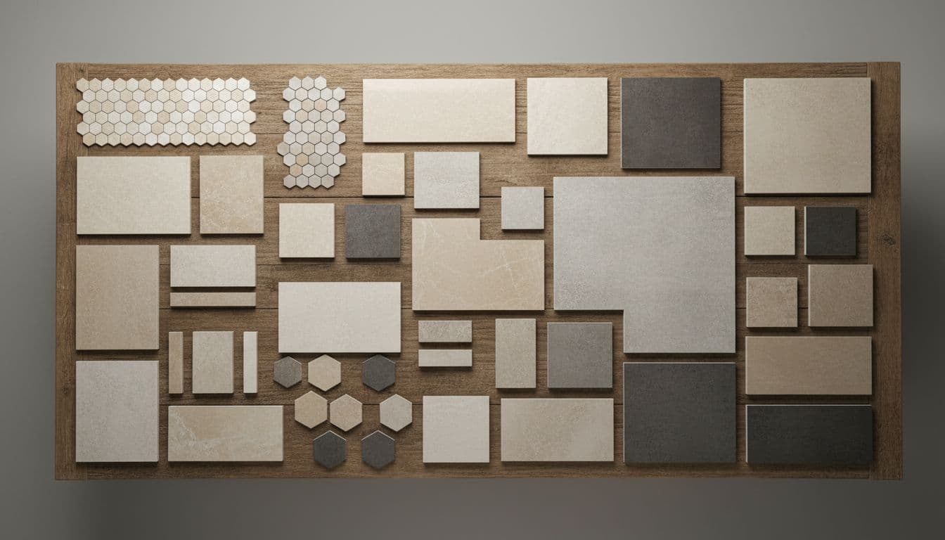 Display of various floor and wall tiles arranged on a wooden table, showing different sizes, shapes, and colours from small mosaics to large format.