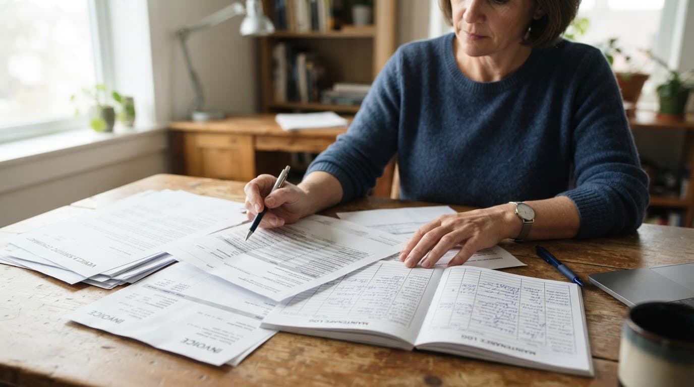 Used Car Warranty Guide: What Cover Really Includes and Costs 7 A person reviews car warranty papers and maintenance records on a wooden desk.