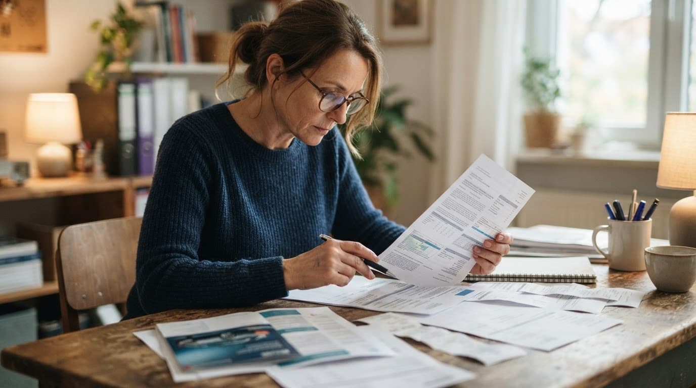 Used Car Warranty Guide: What Cover Really Includes and Costs 6 A person reviews vehicle warranty papers and repair invoices at a wooden desk.