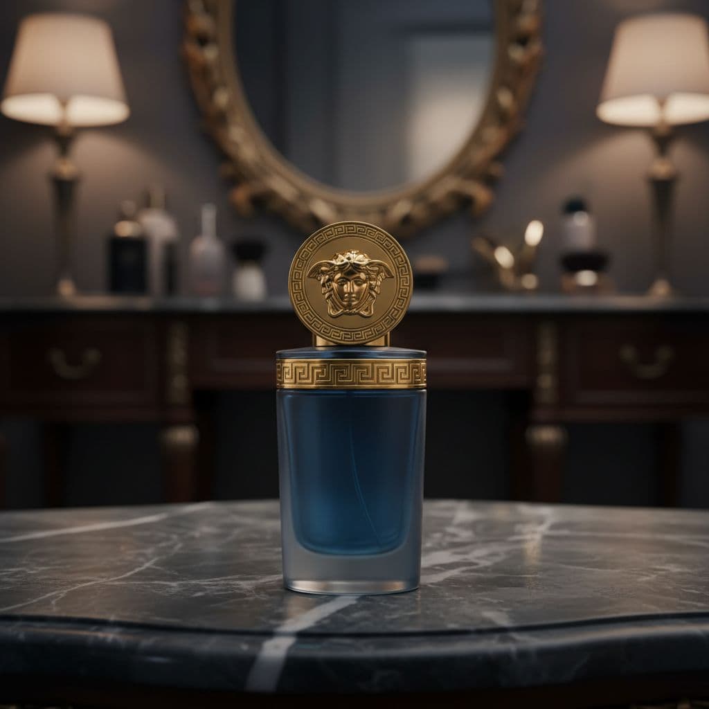 A glass bottle of Versace Eros sits on a dark polished marble surface.