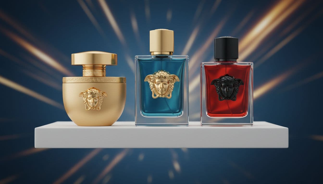 Three Versace Eros perfume bottles for men and women displayed on a clean modern shelf.