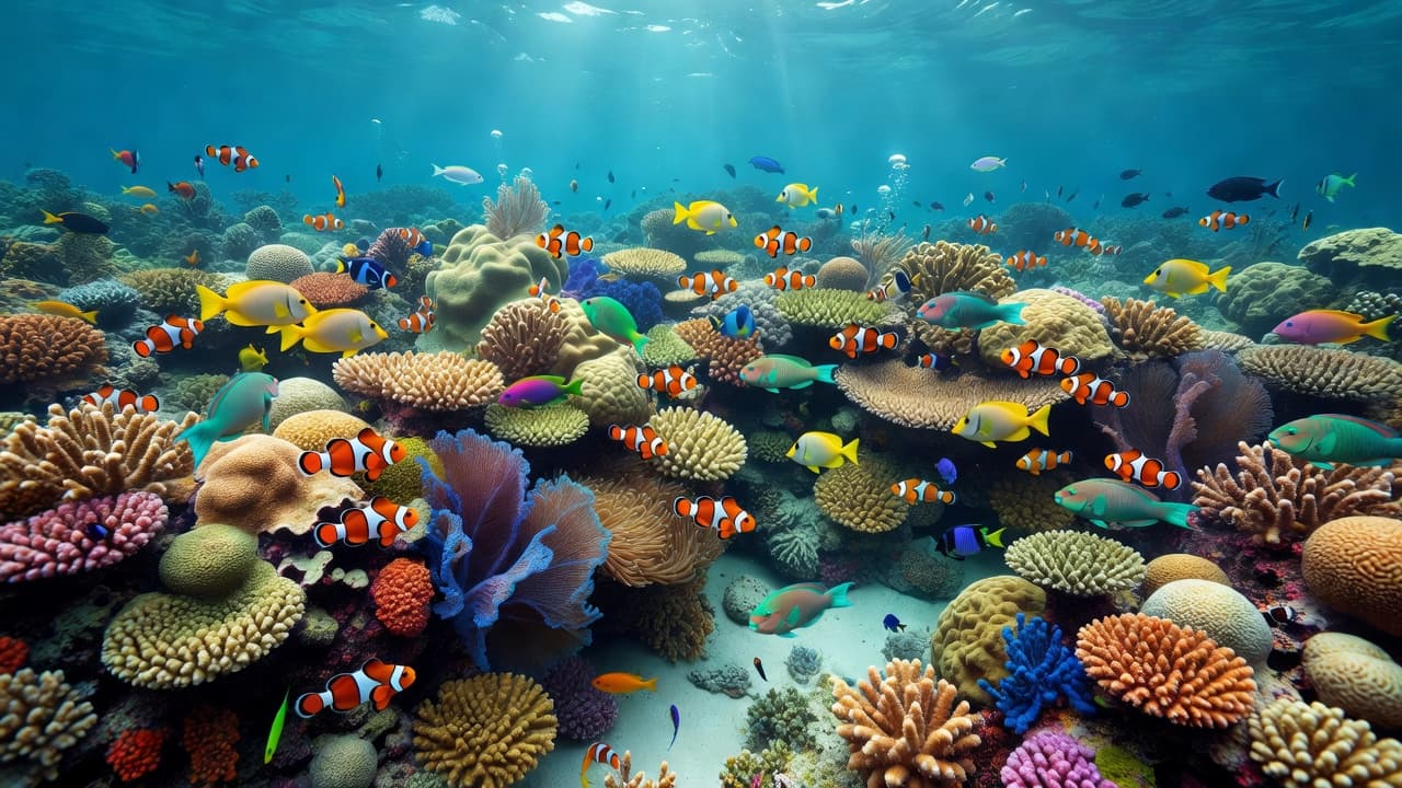 Brightly colored coral structures occupy the ocean floor as schools of tropical fish glide through the crystal clear water. This underwater scene captures the rich biodiversity found within tropical reef ecosystems.
