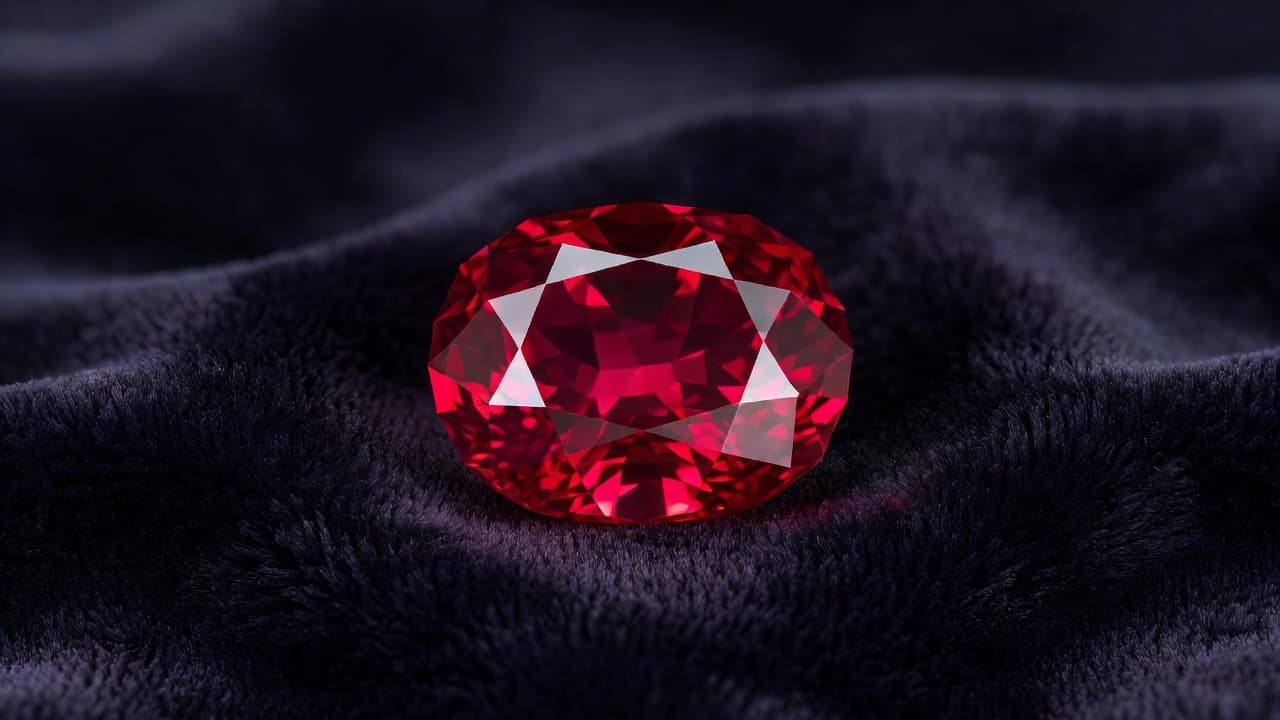 A single sparkling ruby with precise geometric facets sits centrally on a dark, textured velvet fabric. Soft studio lighting reflects off the polished stone surfaces to highlight its rich crimson hue.