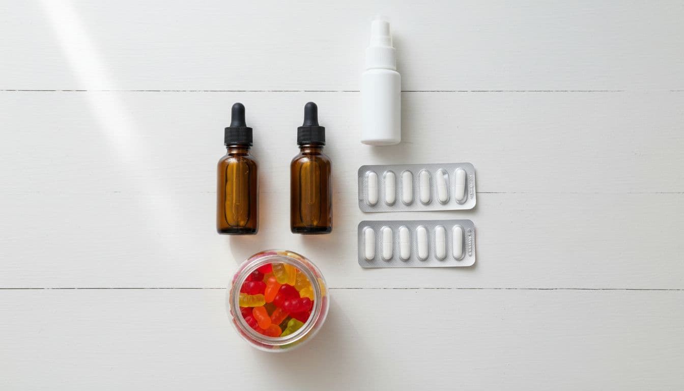 Variety of vitamin D supplements including glass bottles of drops, blister packs of tablets, spray bottle, and gummy jar arranged neatly on a white wooden table in a top-down composition with bright natural light.