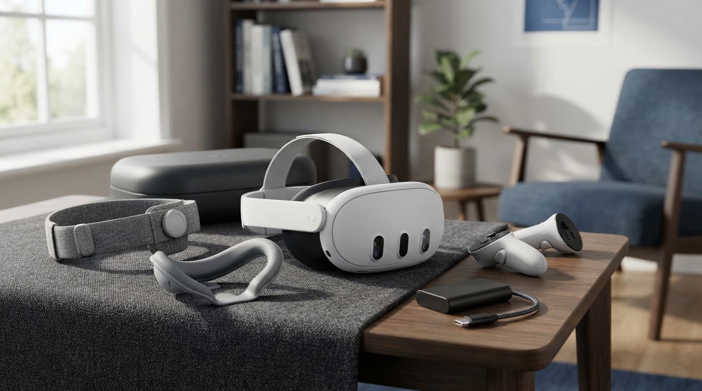 VR headset with controllers and accessories on a tidy home-office table.