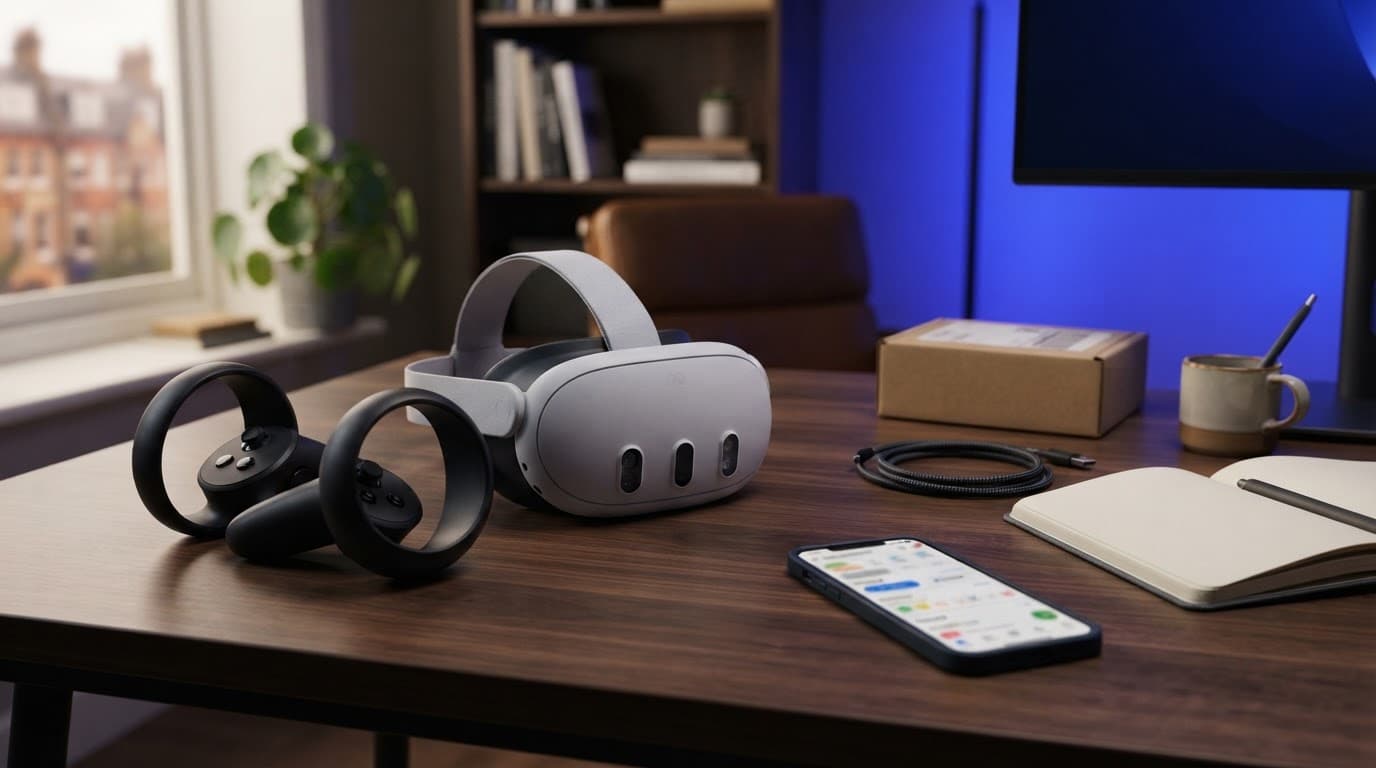 VR headset, two controllers, and smartphone arranged on a blue-lit office desk.