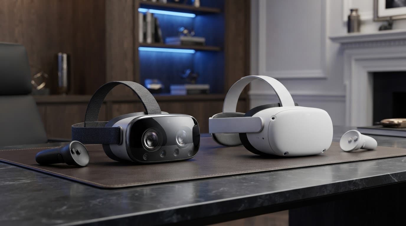 Two VR headsets and two controllers displayed on a dark desk with blue lighting.