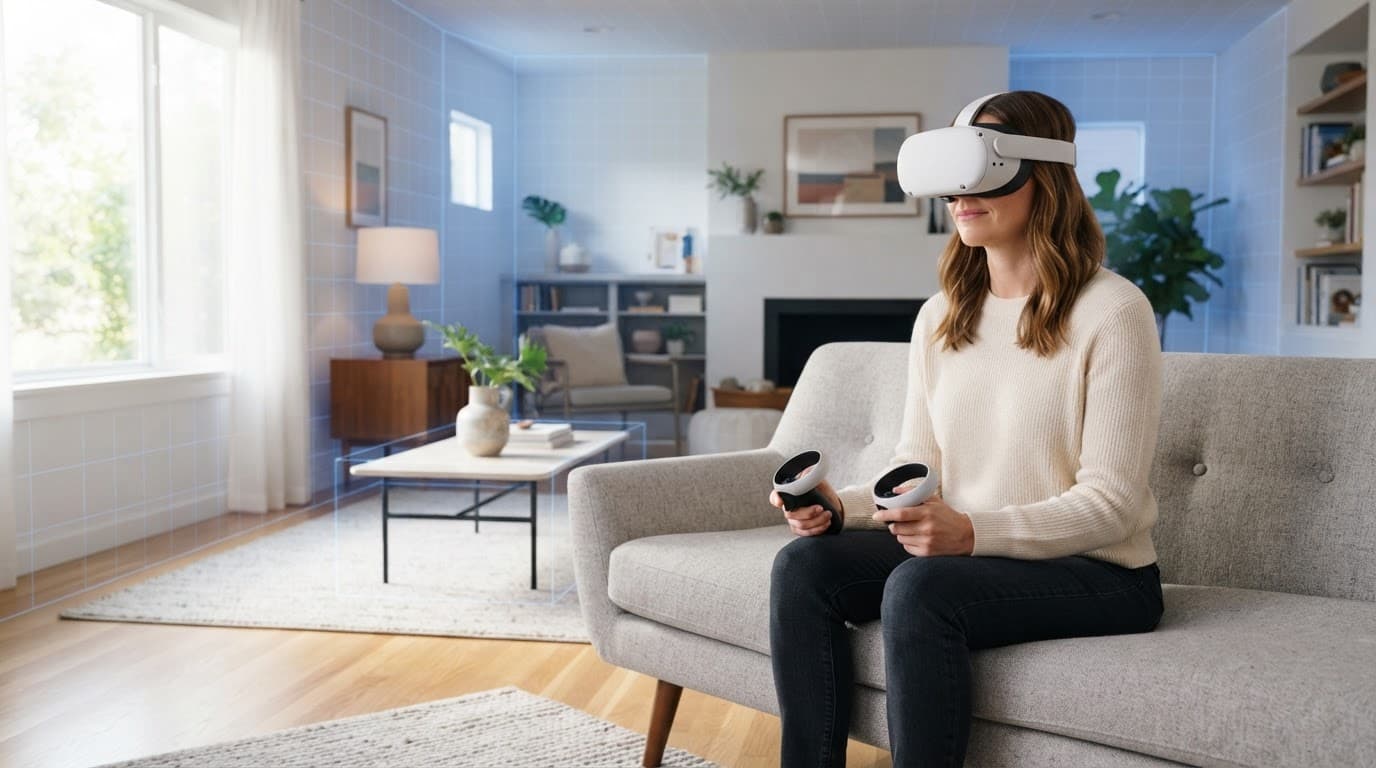 Person in a VR headset holds two controllers in a bright living room.