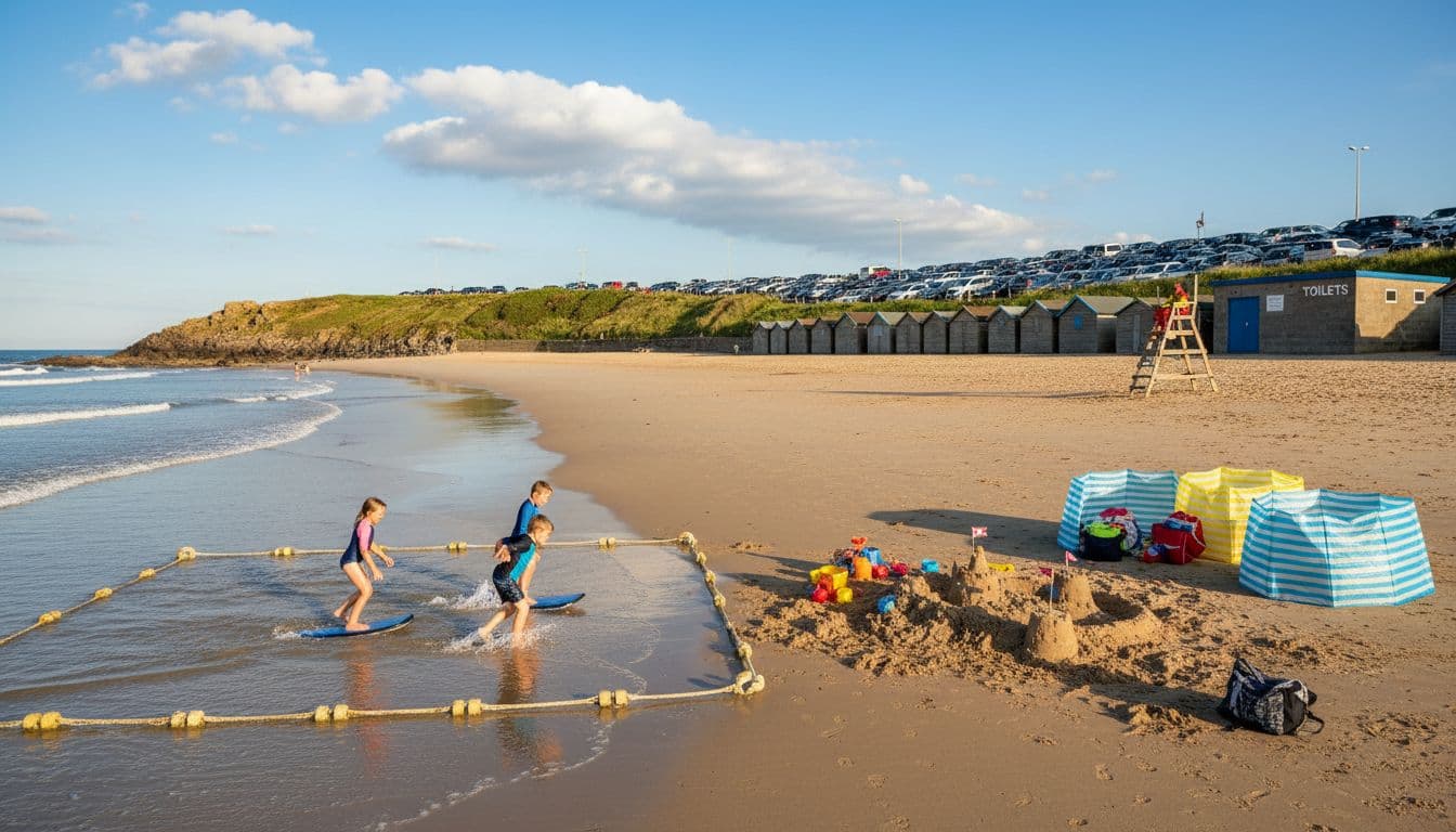 Wide sandy beach at Watergate Bay Cornwall with family and young kids boogie boarding in safe paddle area, sandcastles, windbreaks, beach shacks, lifeguards on duty, blue sky and scattered clouds, expansive summer scene with no crowds.